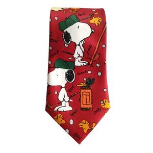 Vintage Snoopy & Woodstock Golfing Red Print 100% Silk Neck Tie by Mercedes
